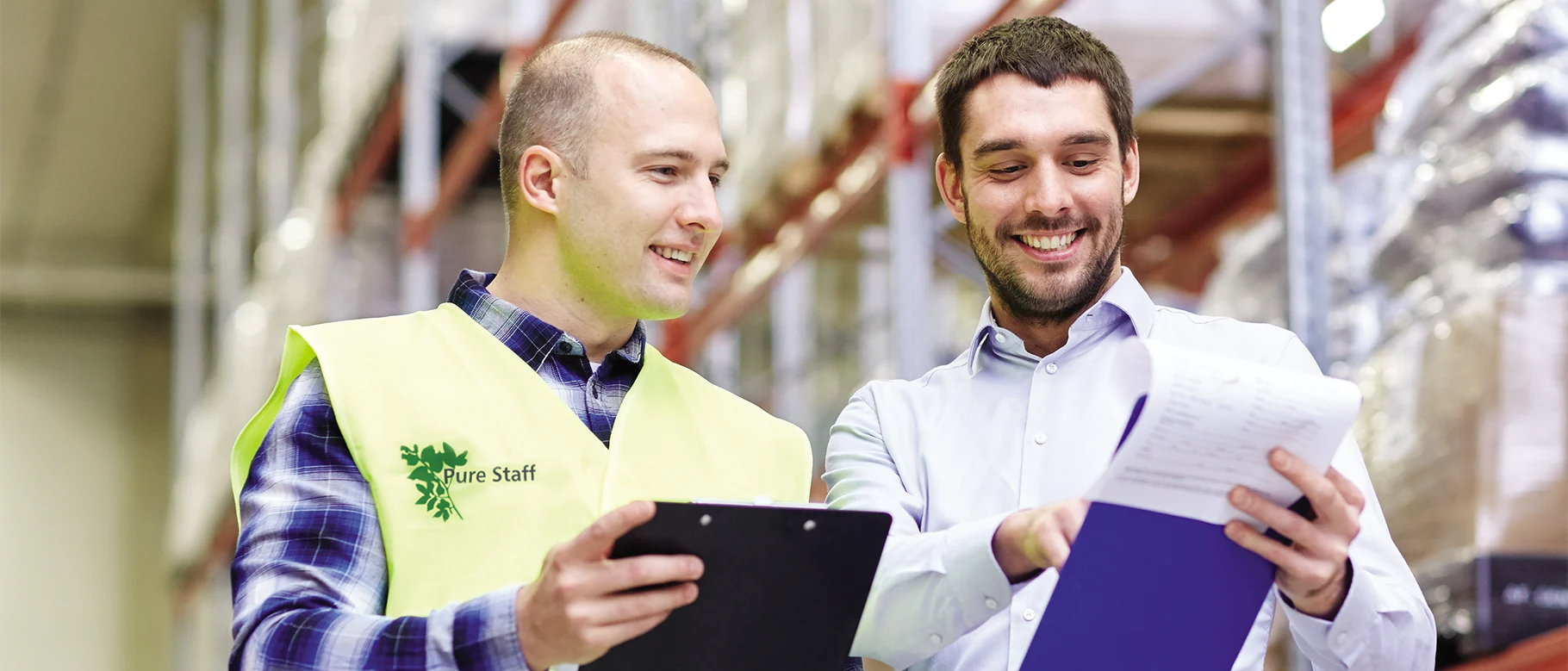 Image of a banner with a Pure Staff employee and an employer having a discussion.