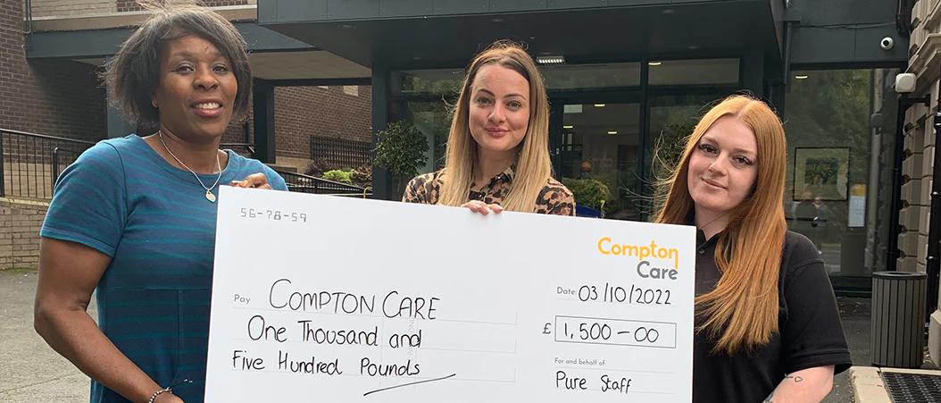 A banner image showcasing Pure Staff donating £1,500 to Compton Care.