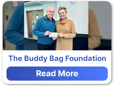 A button of the Buddy Bag Foundation donation.