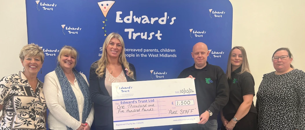 A blog banner image of Pure Staff's donation of £1,500 to Edward's Trust.